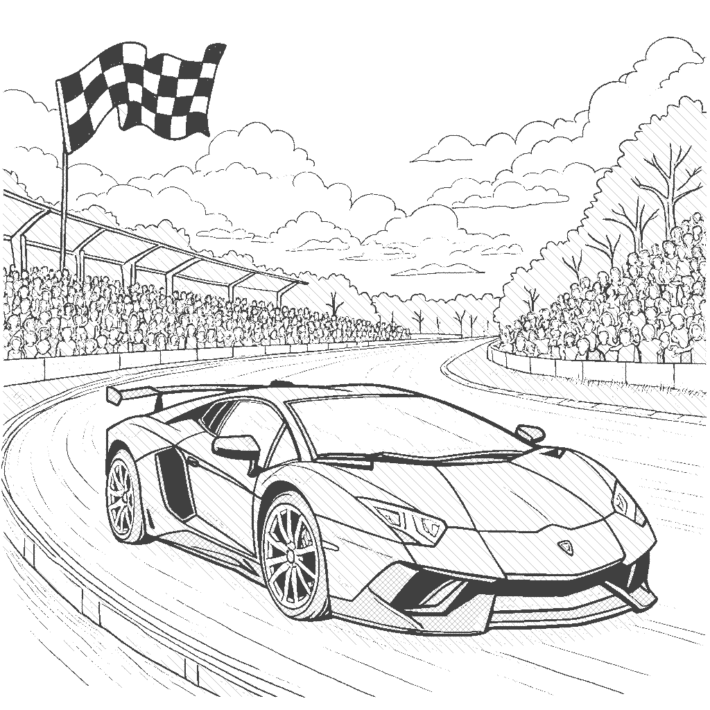 Coloring Page: Sports Car on a Race Track - A sleek sports car is speeding around a race track, with cheering crowds in the stands and a checkered flag waving in the background.