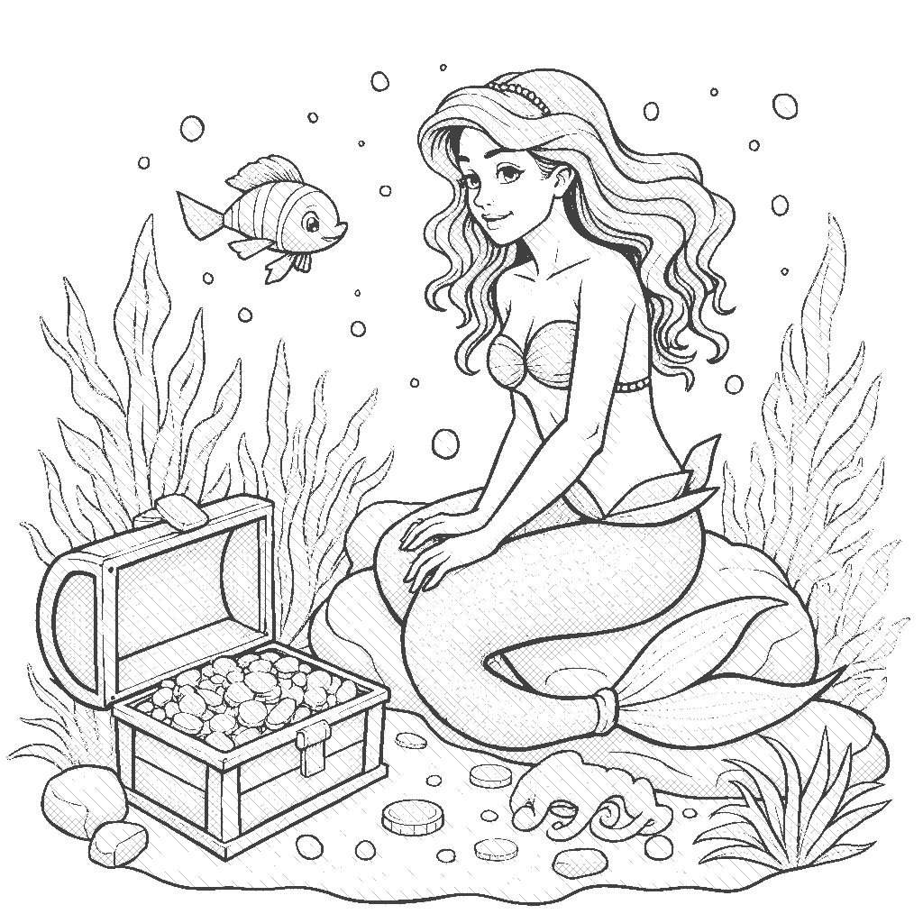 Coloring Page: Mermaid's Treasure - A mermaid sits on a rock surrounded by treasure chests overflowing with gold coins and pearls. She is watching a playful pufferfish swim around her.