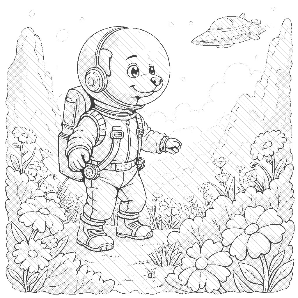 Coloring Page: Astronaut Dog on a Planet - A brave dog in a space suit lands on a colorful alien planet, sniffing the exotic flowers while a distant spaceship hovers in the background.