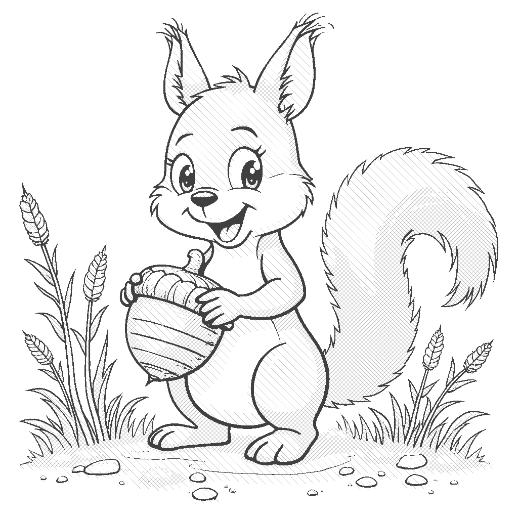 Coloring Page: Squirrel's Acorn Adventure - A curious squirrel holding a giant acorn in its tiny paws, surrounded by a carpet of golden and orange leaves, with a bright blue sky peeking through the branches.