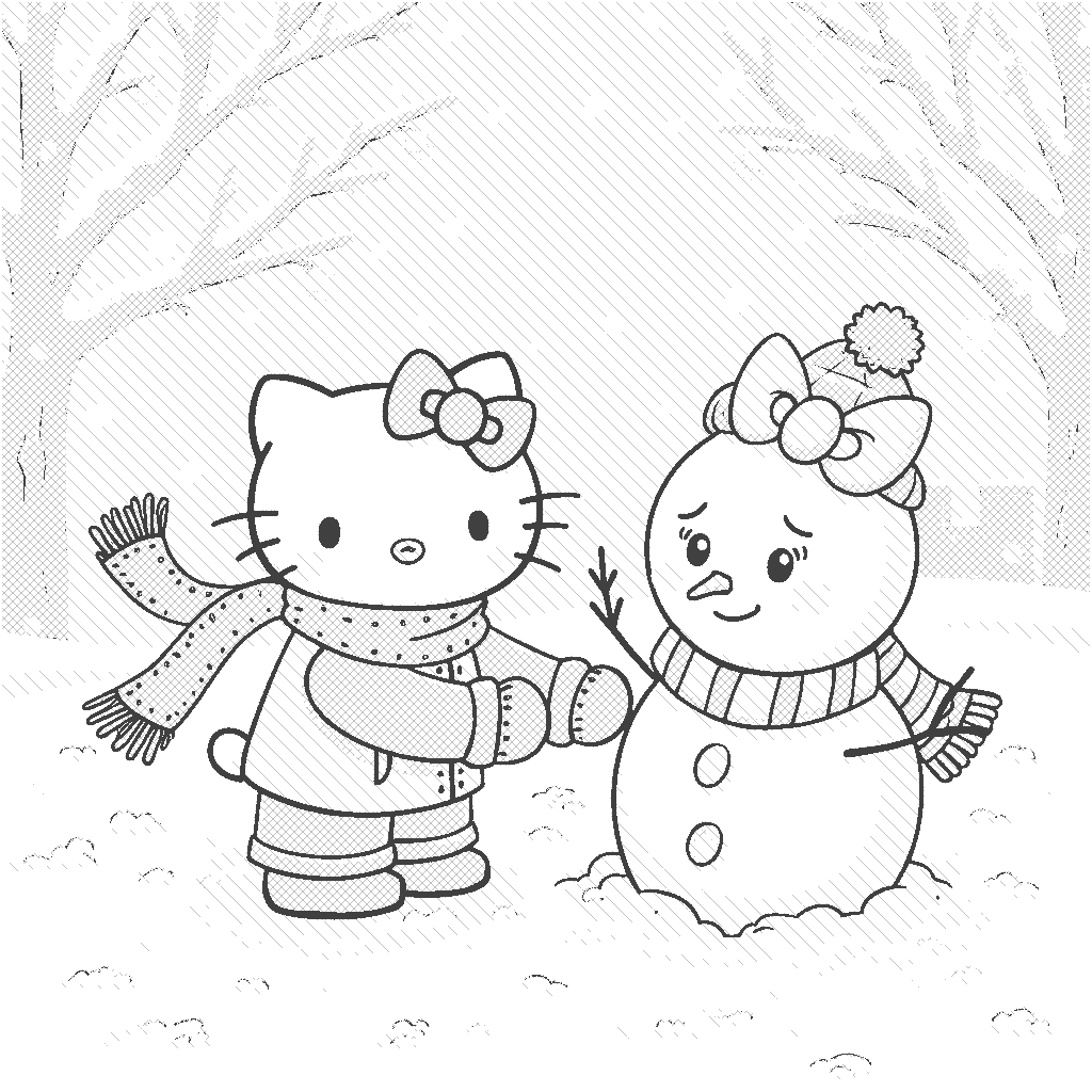 Coloring Page: Hello Kitty's Winter Wonderland - A cheerful scene featuring Hello Kitty building a snowman in a snowy park. The snow is a bright white with soft blue shadows. Hello Kitty is wearing a bright red scarf and matching mittens. In the background, colorful holiday lights twinkle in trees that are dusted with snow, and there are soft pink and pastel blue snowflakes falling from the sky.