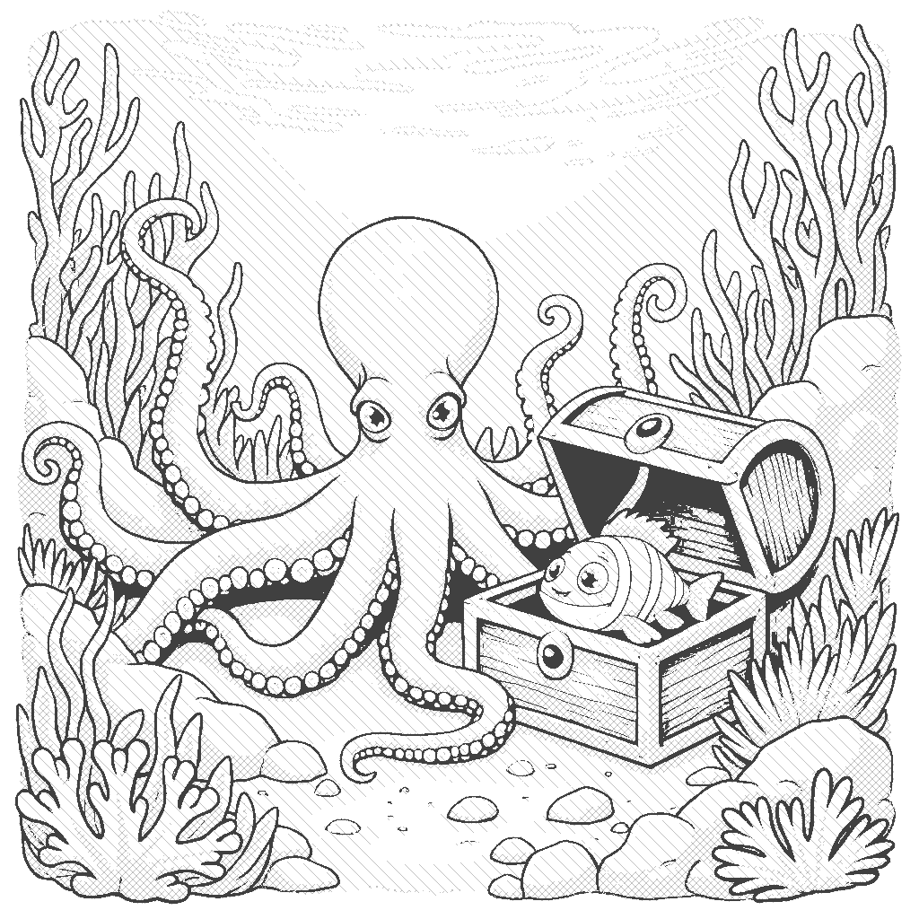 Coloring Page: Octopus Hideaway - An octopus camouflages itself among the rocks of a sunken ship. Its tentacles are sprawled out, blending into the environment while a curious little fish peeks out from behind a treasure chest.