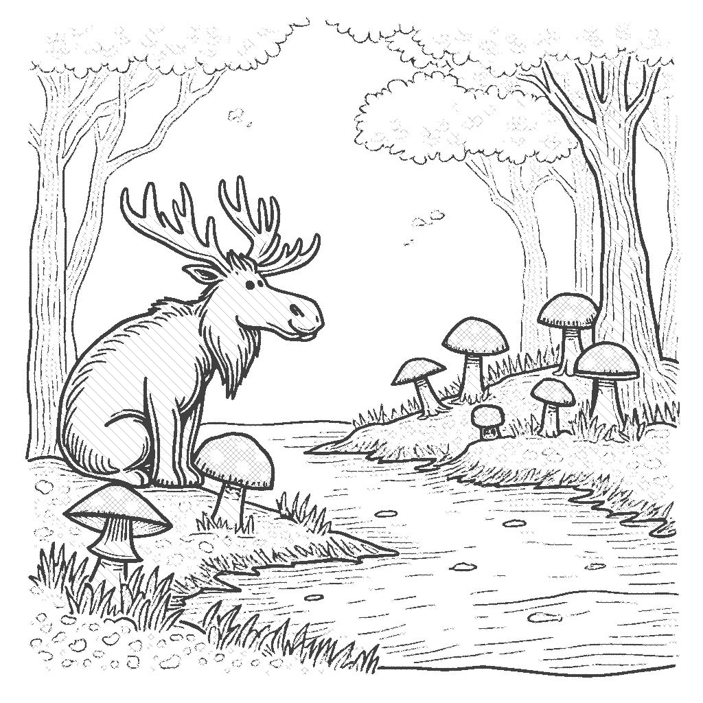 Coloring Page: Moose watching Mushroom Parade - A curious moose sitting by a stream, watching a parade of mushrooms marching along, each dressed up in vibrant costumes, showcasing all colors of the rainbow.