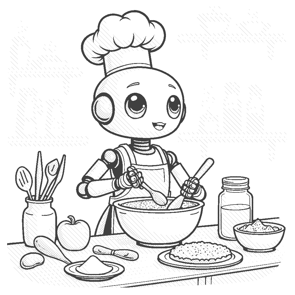 Coloring Page: Robot Chef Baking - A cute robot chef wearing a chef's hat and apron, mixing ingredients in a large bowl on a countertop. Various baking tools and ingredients are spread out on the counter.