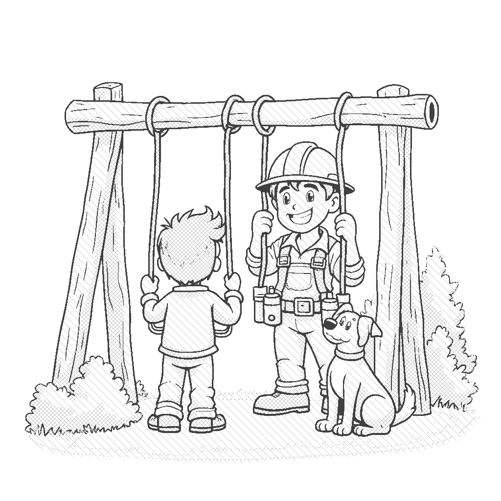 Coloring Page: Electrician fixing a Playground - An electrician is happily repairing a playground swing set with bright tools. There are children waiting to play, and a friendly dog is watching curiously from the side.