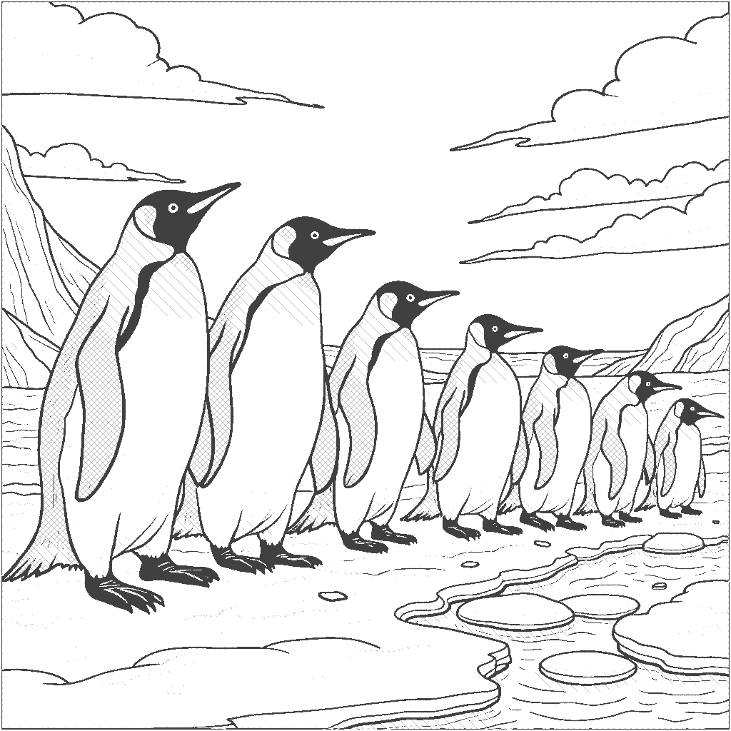 Coloring Page: Penguin Parade - A playful group of penguins waddling across the ice, preparing for their annual march to the water for a swim.