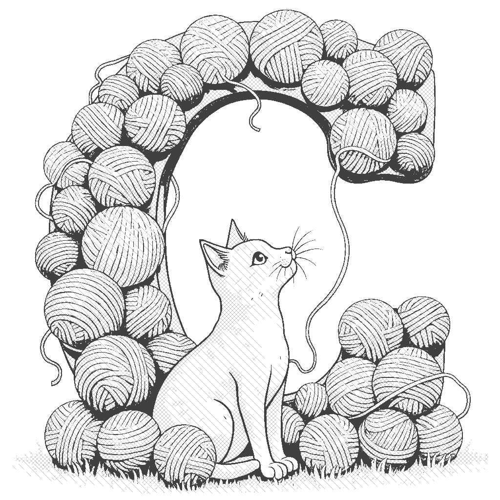 Coloring Page: C and Cat - A large letter C surrounded by colorful yarn balls with a playful cat sitting beside it, trying to catch the yarn.