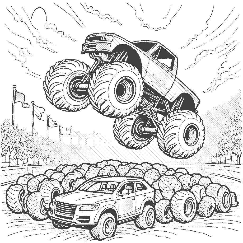 Coloring Page: Monster Truck Show - A giant monster truck jumping over a pile of cars during a thrilling show. Fans in the audience are cheering, and colorful flags are flying in the background.