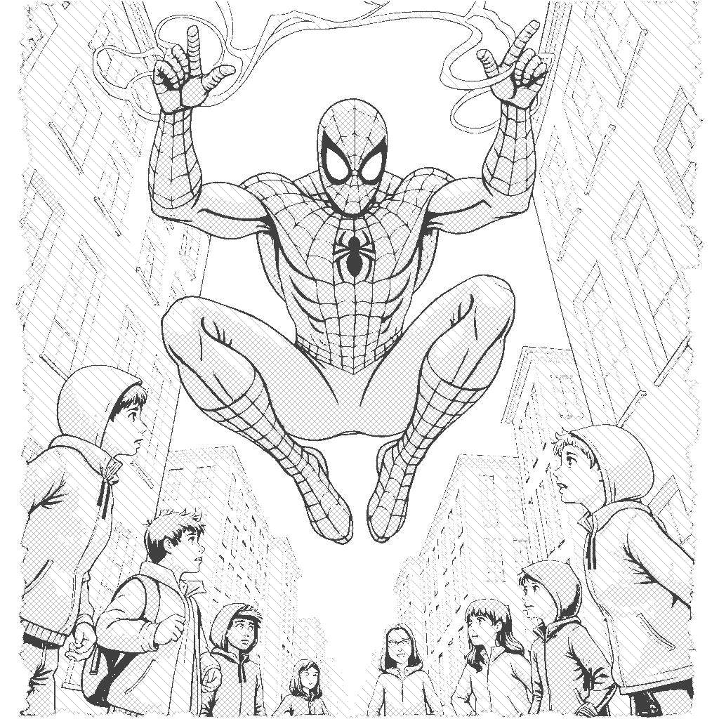 Coloring Page: Webslinger in Action - A vibrant superhero with spider-like abilities swings between tall buildings, shooting webs from his hands. Below, startled pedestrians look up in amazement as he swings overhead.