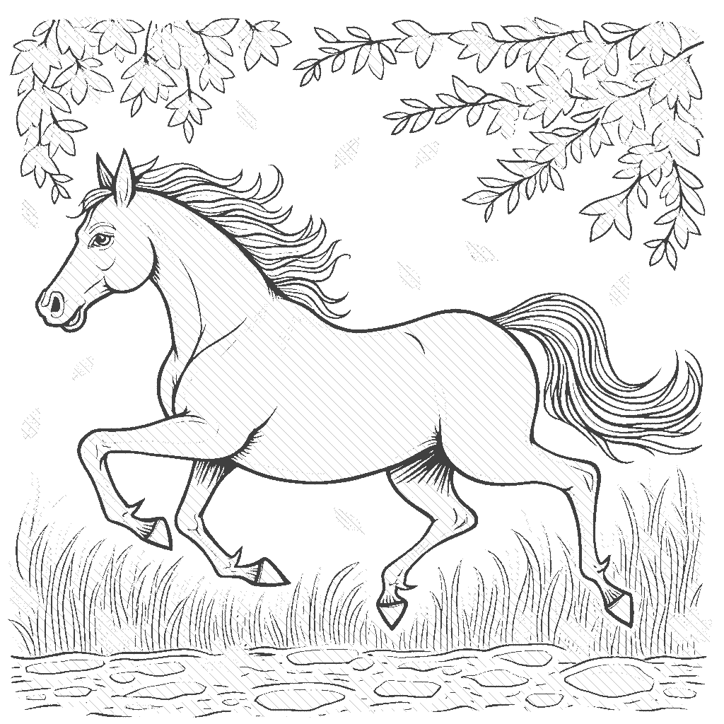 Coloring Page: Horse of the Autumn Leaves - A spirited horse jumping through a sea of autumn leaves, with colors ranging from crimson reds to golden yellows, and a soft, warm sun illuminating the scene.