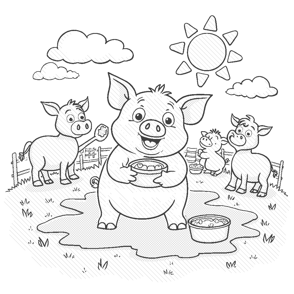 Coloring Page: Mud Pie Party - A friendly pig is having fun in a sunny field, covered in mud as it hosts a funny mud pie-making contest with other farm animals.