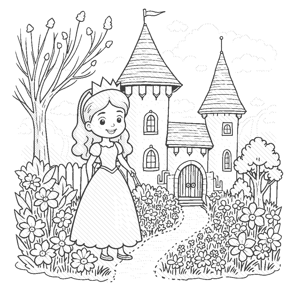 Coloring Page: Castle Garden Princess - A joyful princess tending to her beautiful garden in a castle, surrounded by blooming flowers of every color and a quaint stone pathway.