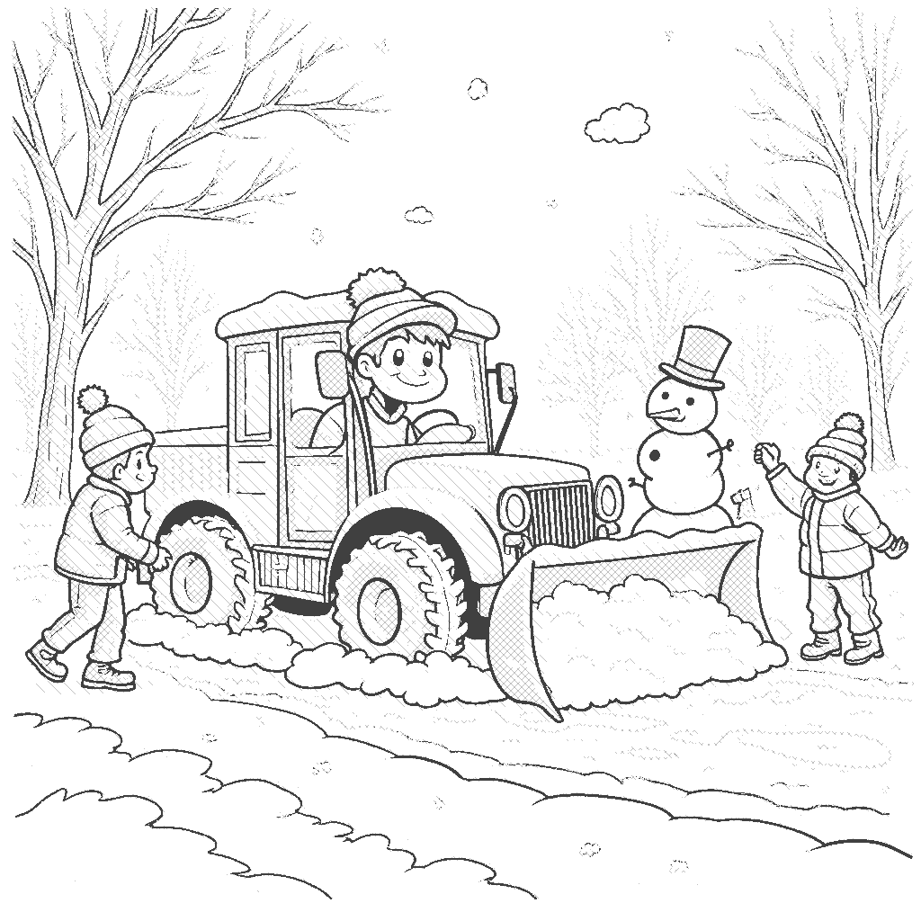 Coloring Page: Snowplow Clearing a Winter Path - A cheerful snowplow driver clears a path in a snowy park as children build snowmen nearby, throwing snowballs and enjoying the winter wonderland.