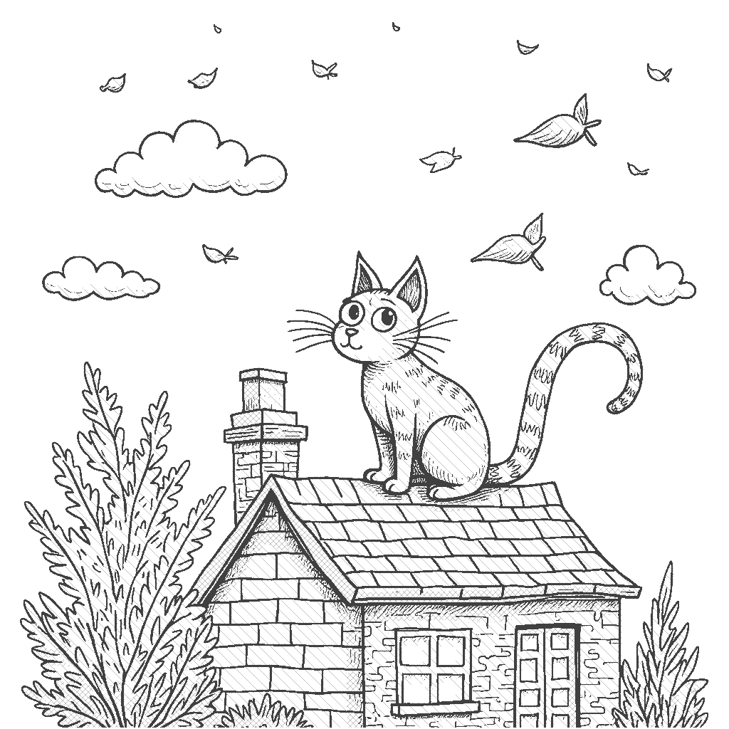 Coloring Page: Rooftop Leaf Collection - A quirky scene of a cat perched on a rooftop, observing a cascade of leaves swirling around in the crisp autumn air.