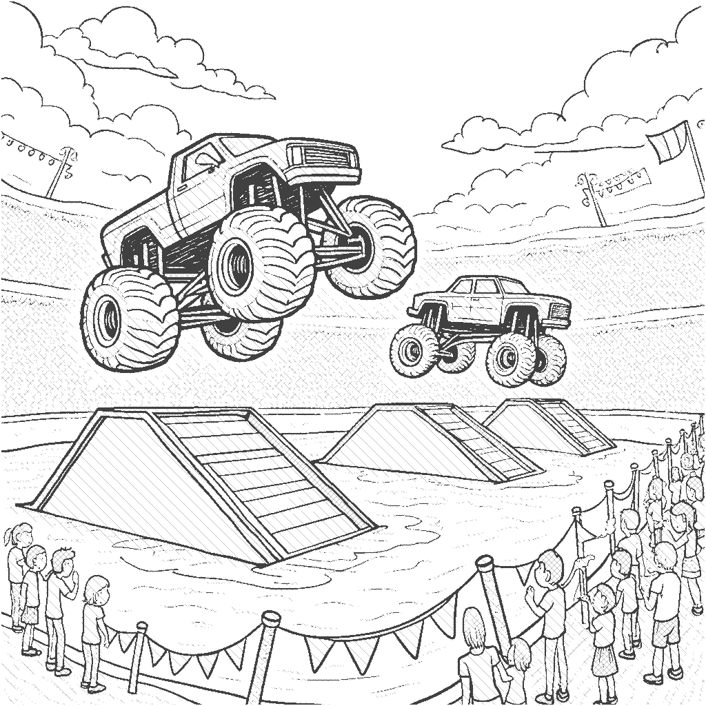 Coloring Page: Monster Truck Rally - A thrilling monster truck rally takes place in a large arena. The monster trucks are doing flips and jumps over colorful ramps while excited kids cheer from the sidelines. Balloons and flags add to the fun atmosphere!