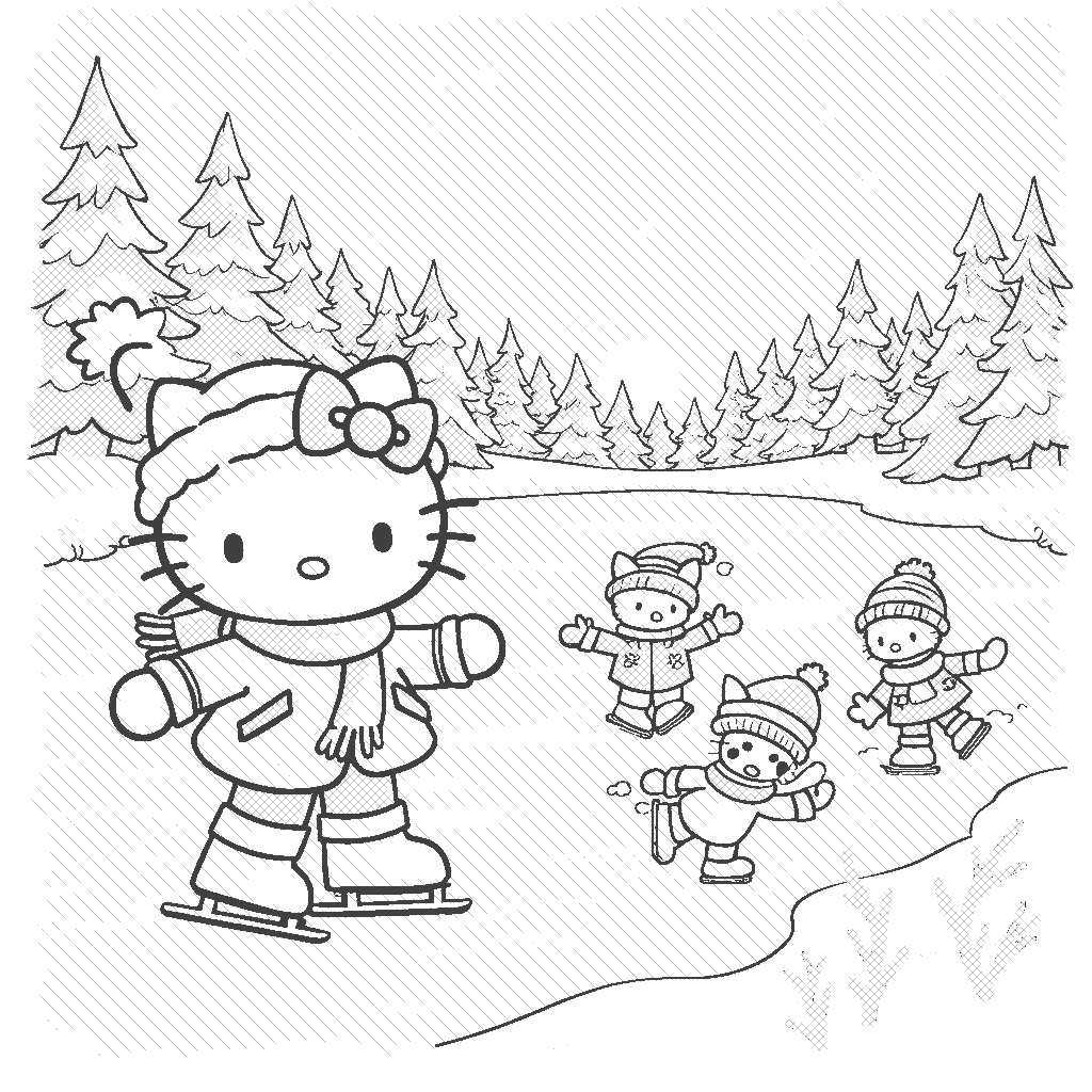 Coloring Page: Hello Kitty's Ice Skating Adventure - In this scene, Hello Kitty is ice skating on a frozen pond surrounded by pine trees covered in snow. The pond has a shimmering blue surface reflecting the colorful skies at sunset, with oranges and purples mingling. Hello Kitty is wearing a light blue coat with a fluffy white hat and skates, happily gliding across the ice. Friends are cheering her on with colorful scarves and mittens, adding pops of red and yellow to the scene.