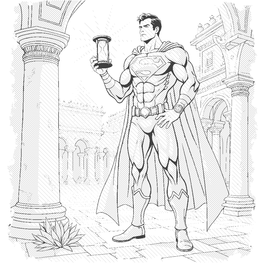 Coloring Page: The Time Traveler - A caped superhero with a watch on his wrist stands in an ancient setting, holding a glowing hourglass. He looks determined as he prepares to change an event in history.