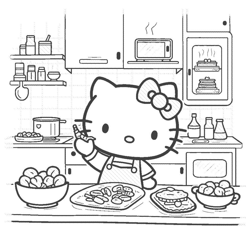 Coloring Page: Hello Kitty in Cooking Class - Hello Kitty baking cookies in a cheerful kitchen classroom, with colorful bowls and sprinkles scattered everywhere.