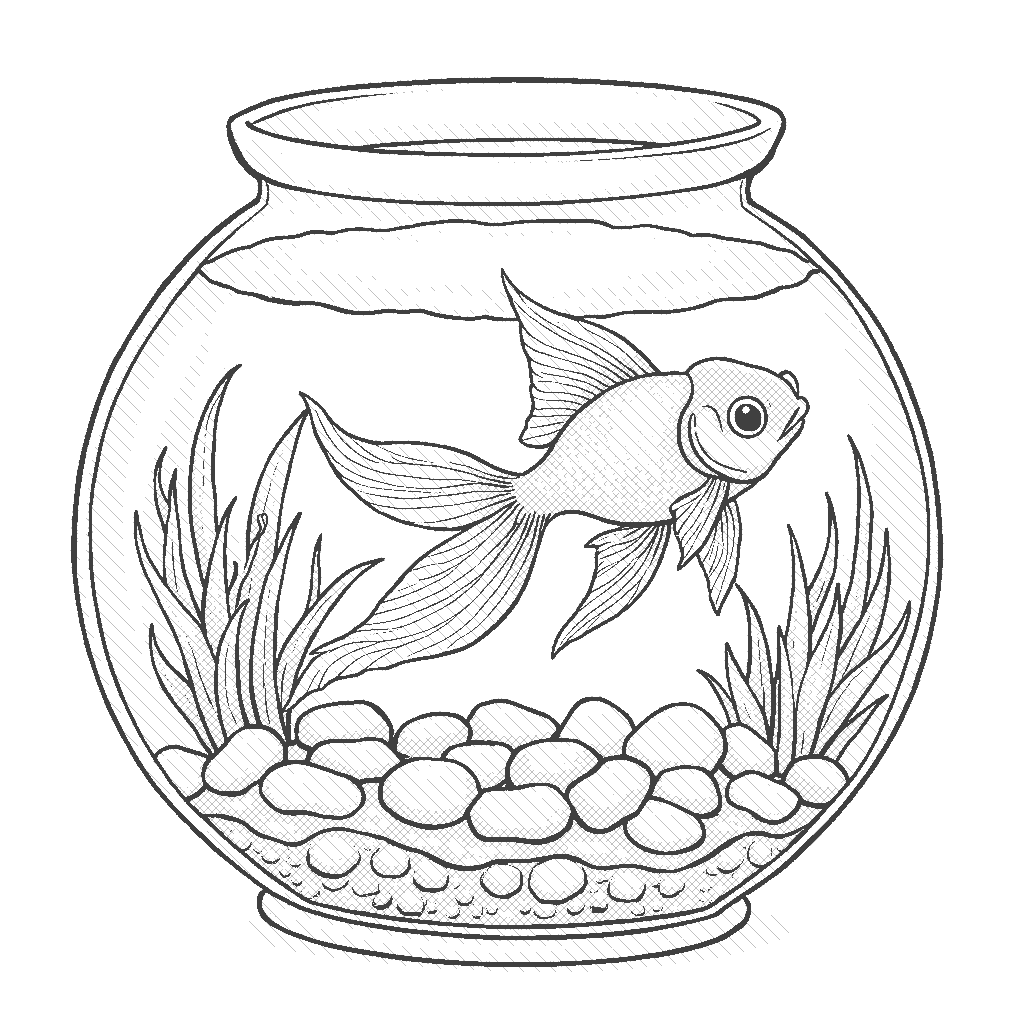 Coloring Page: Goldfish in a Bowl - A vibrant goldfish swims energetically in a beautifully decorated fishbowl filled with colorful pebbles and aquatic plants, creating a lively underwater scene.