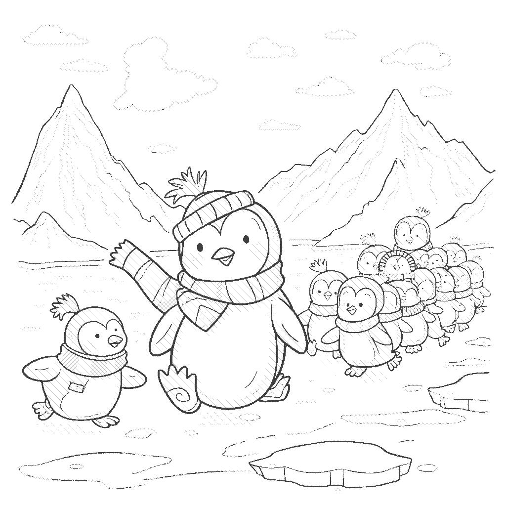 Coloring Page: Penguin Parade - A cheerful penguin wearing a colorful scarf leads a group of small penguins in a waddling parade across the ice, with snowy mountains in the background and playful seals watching.