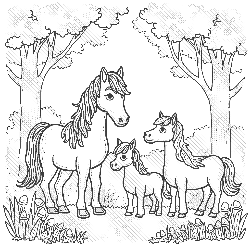 Coloring Page: Woodland Horse Family - A cozy woodland scene with a horse family—a foal, a mare, and a stallion—resting together under a big tree surrounded by colorful critters and flowers.