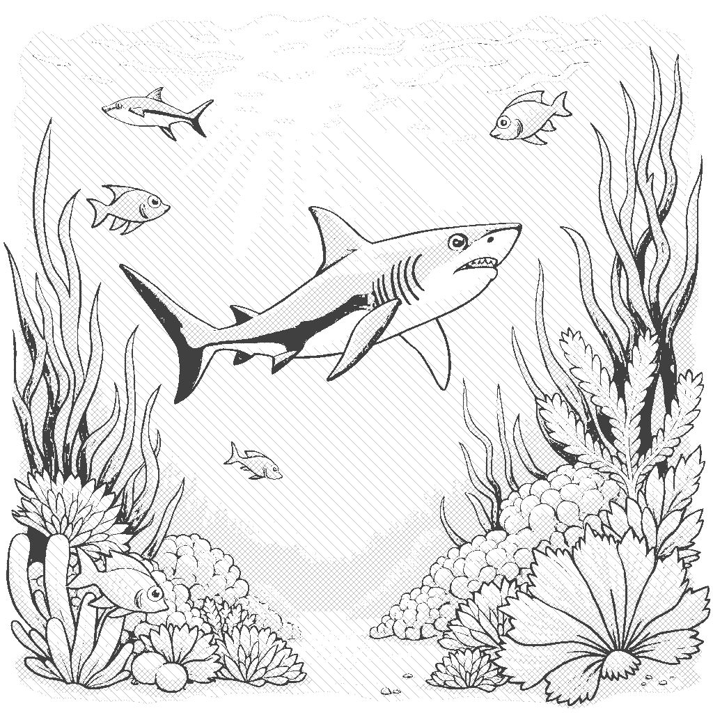 Coloring Page: Shark Encounter - A majestic shark gliding through a coral reef, surrounded by colorful fish swimming alongside it. The sunlight filters down through the water, creating a serene atmosphere.