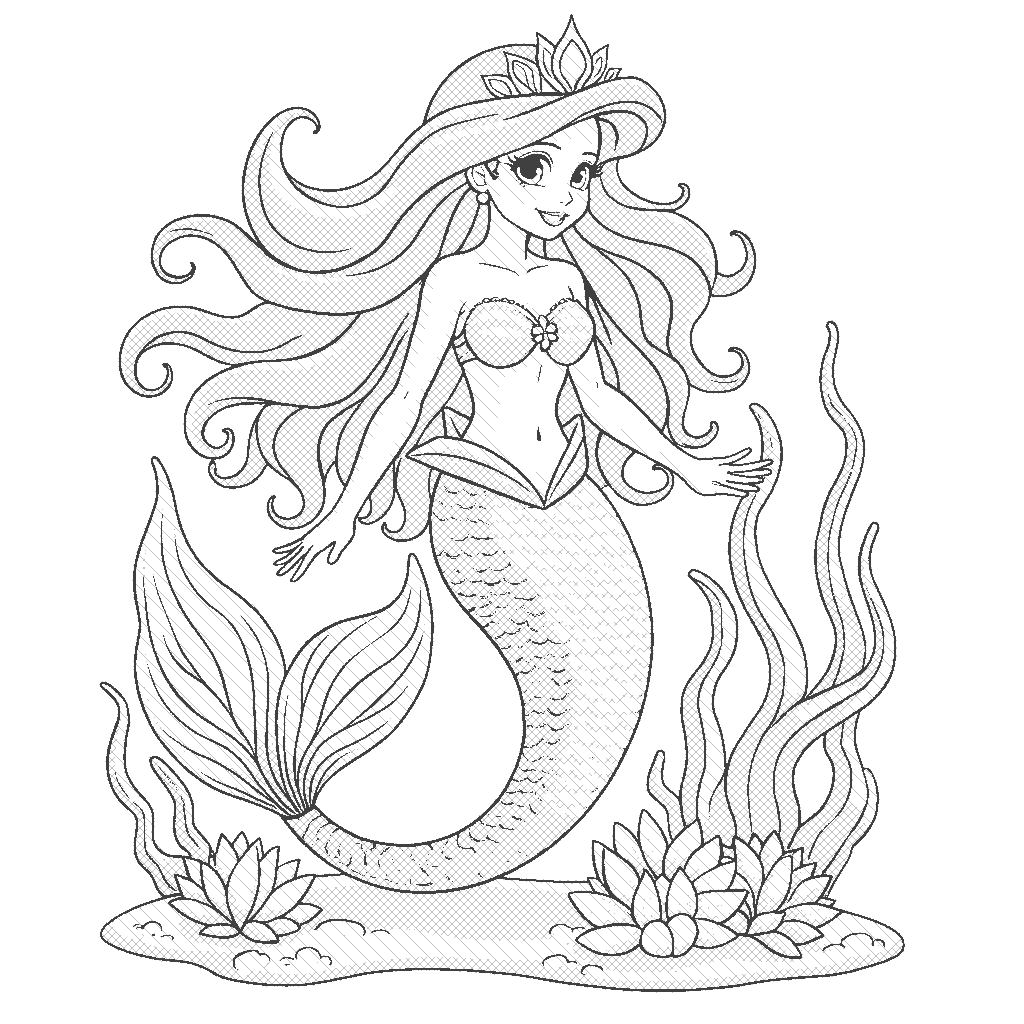 Coloring Page: Underwater Princess - A mermaid princess with flowing hair made of seaweed and shimmering scales, surrounded by colorful fish and coral reefs in an underwater kingdom.