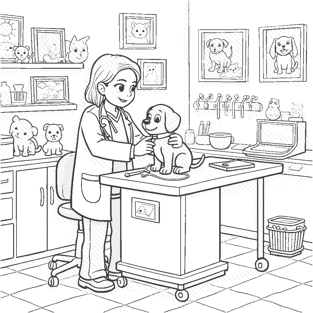 Coloring Page: Veterinarian Office - A veterinarian is examining a playful puppy on the examination table, with various medical tools around them. Pictures of different animals decorate the walls of the office, and a cat can be seen waiting nearby in a carrier.