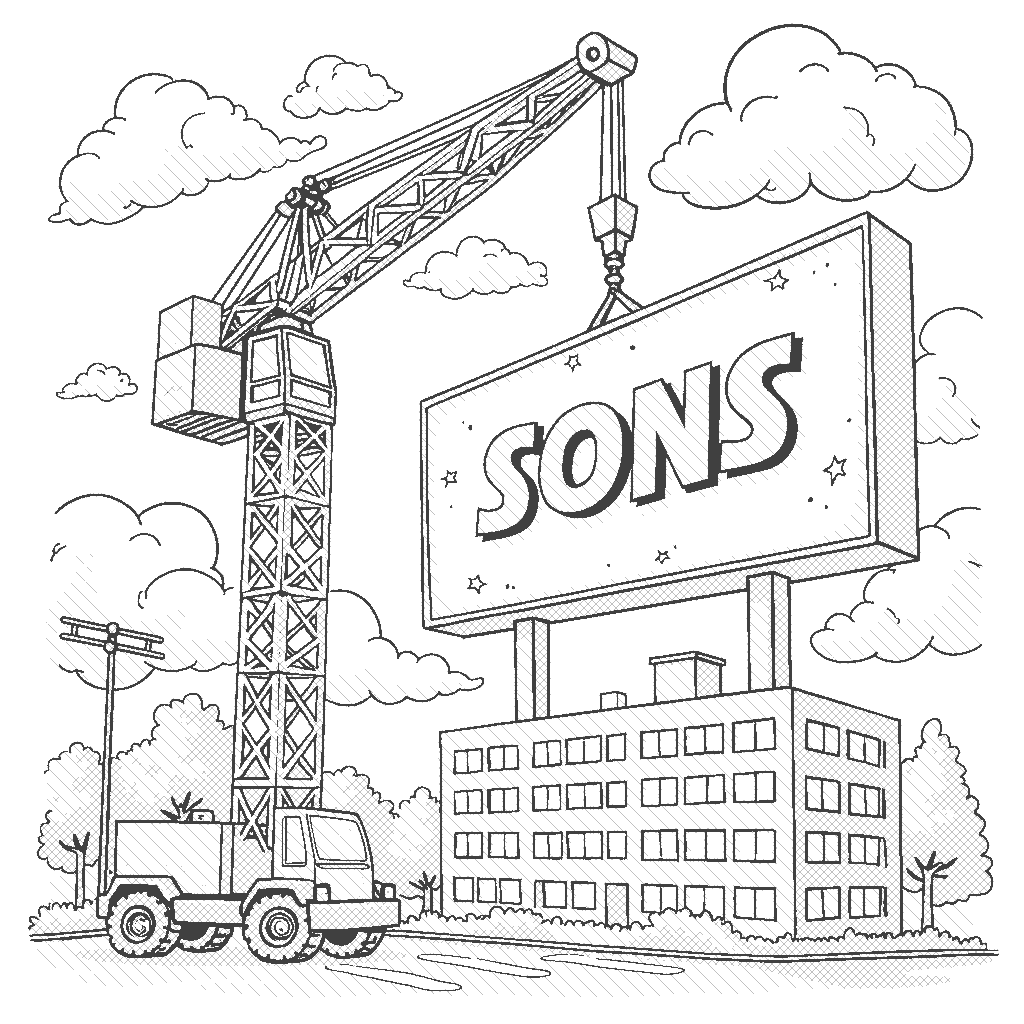 Coloring Page: Crane in the Sky - A crane is lifting a giant sign to place it onto a building, with clouds and birds flying in the background.