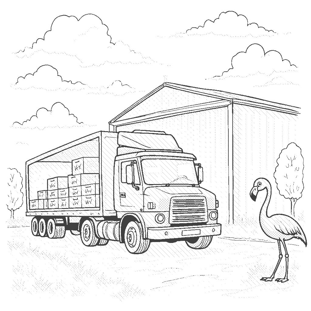 Coloring Page: Transporter Truck Delivery - A transporter truck is parked in front of a big warehouse, loading boxes onto its trailer while a flamingo observes from nearby.