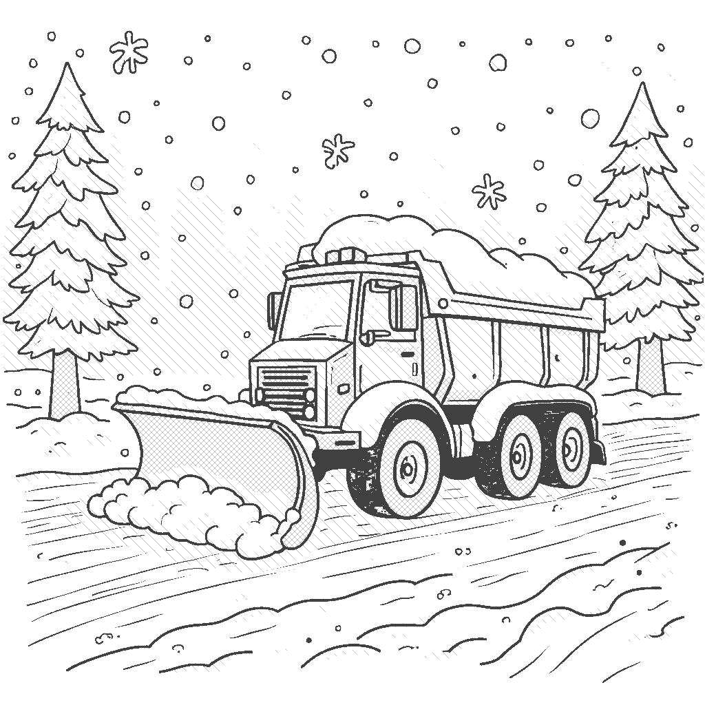 Coloring Page: Snowplow Clearing the Road - A snowplow is clearing a snowy road after a heavy snowfall. Snowflakes are still falling, and trees in the background are covered in white.