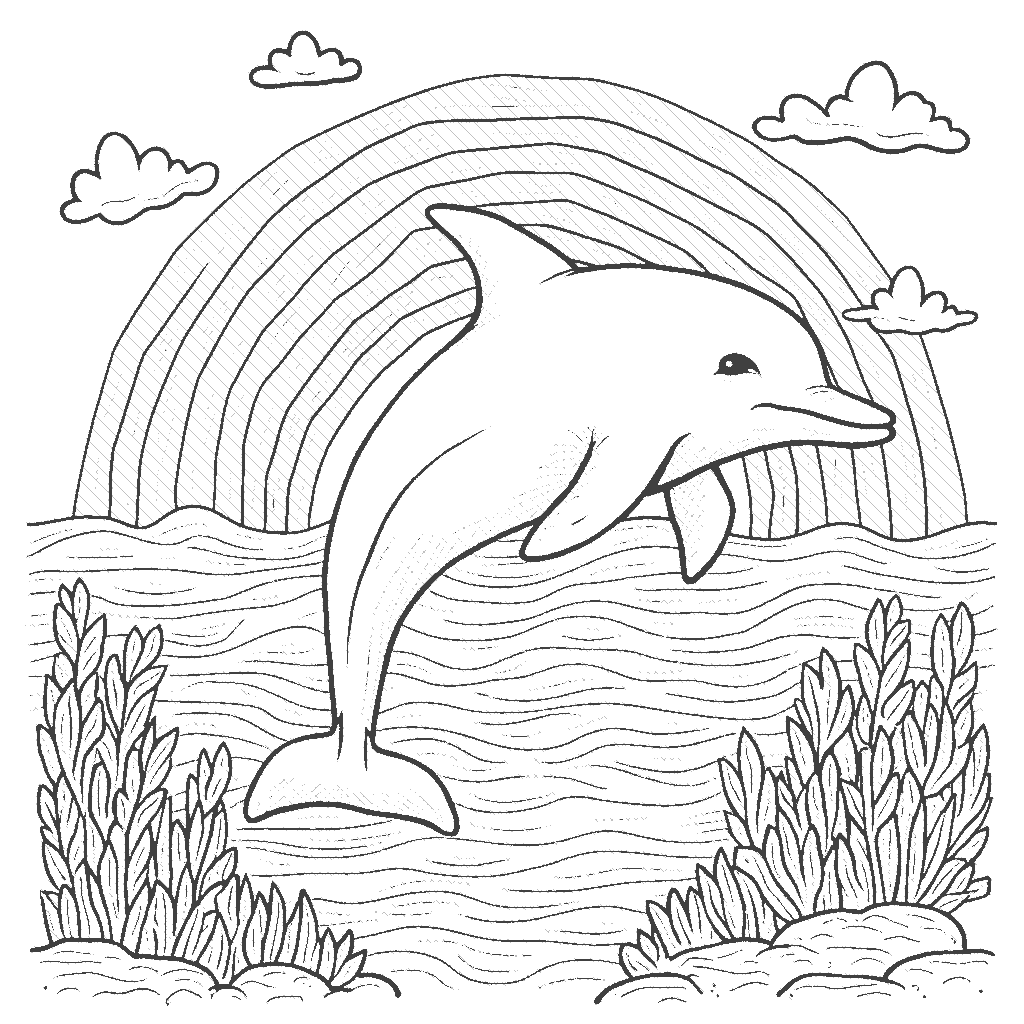 Coloring Page: Dolphin and Rainbow - A dolphin swimming through a shimmering sea with a rainbow arching in the background, casting colorful reflections on the water.