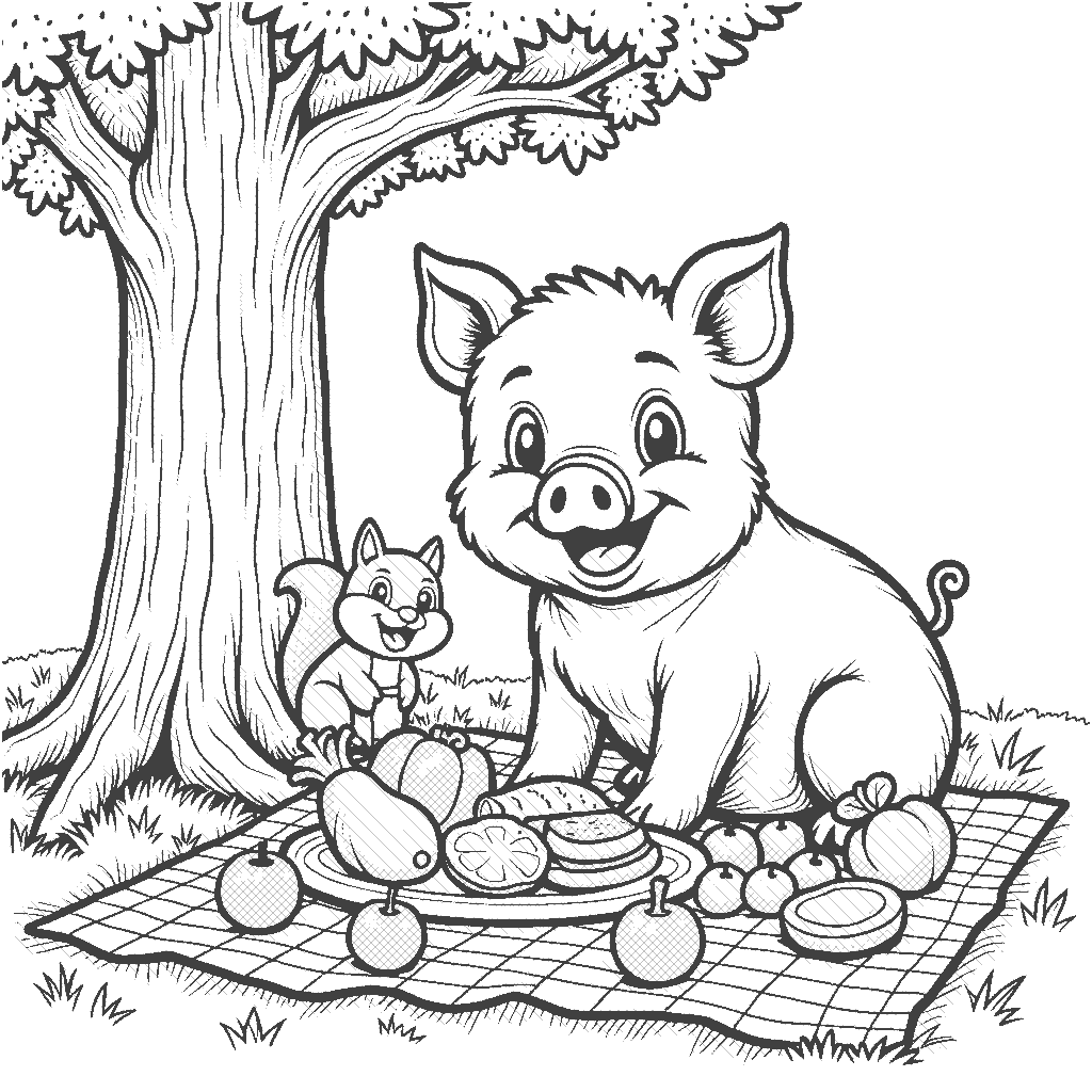 Coloring Page: Piggy Picnic - A jolly pig sitting on a picnic blanket under a tree, enjoying a feast of fruits and vegetables. A friendly squirrel peeks out from behind the tree, eyeing the delicious food.