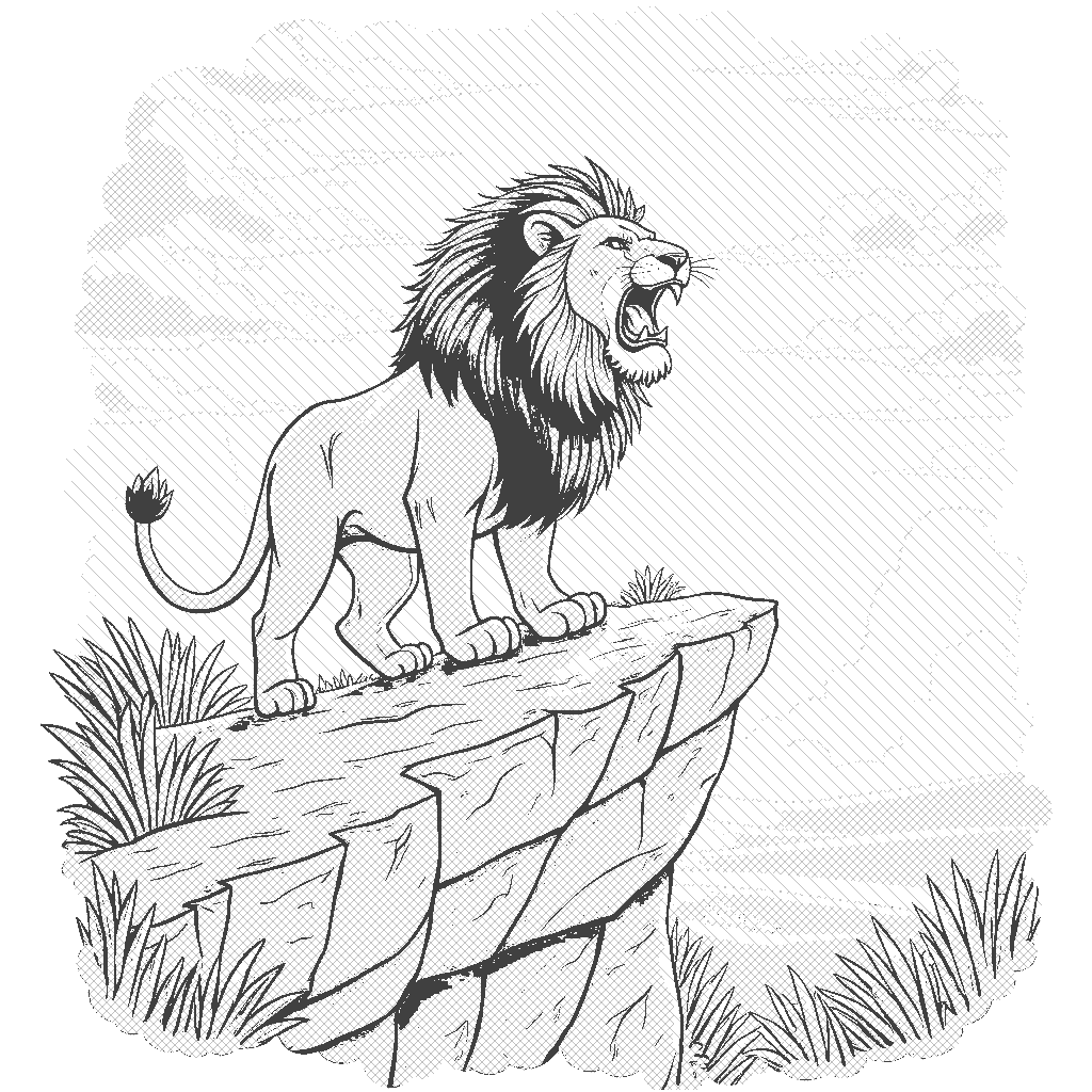 Coloring Page: Majestic Mane - A fierce lion roaring atop a rocky cliff, with the African sunset casting a warm glow behind him.