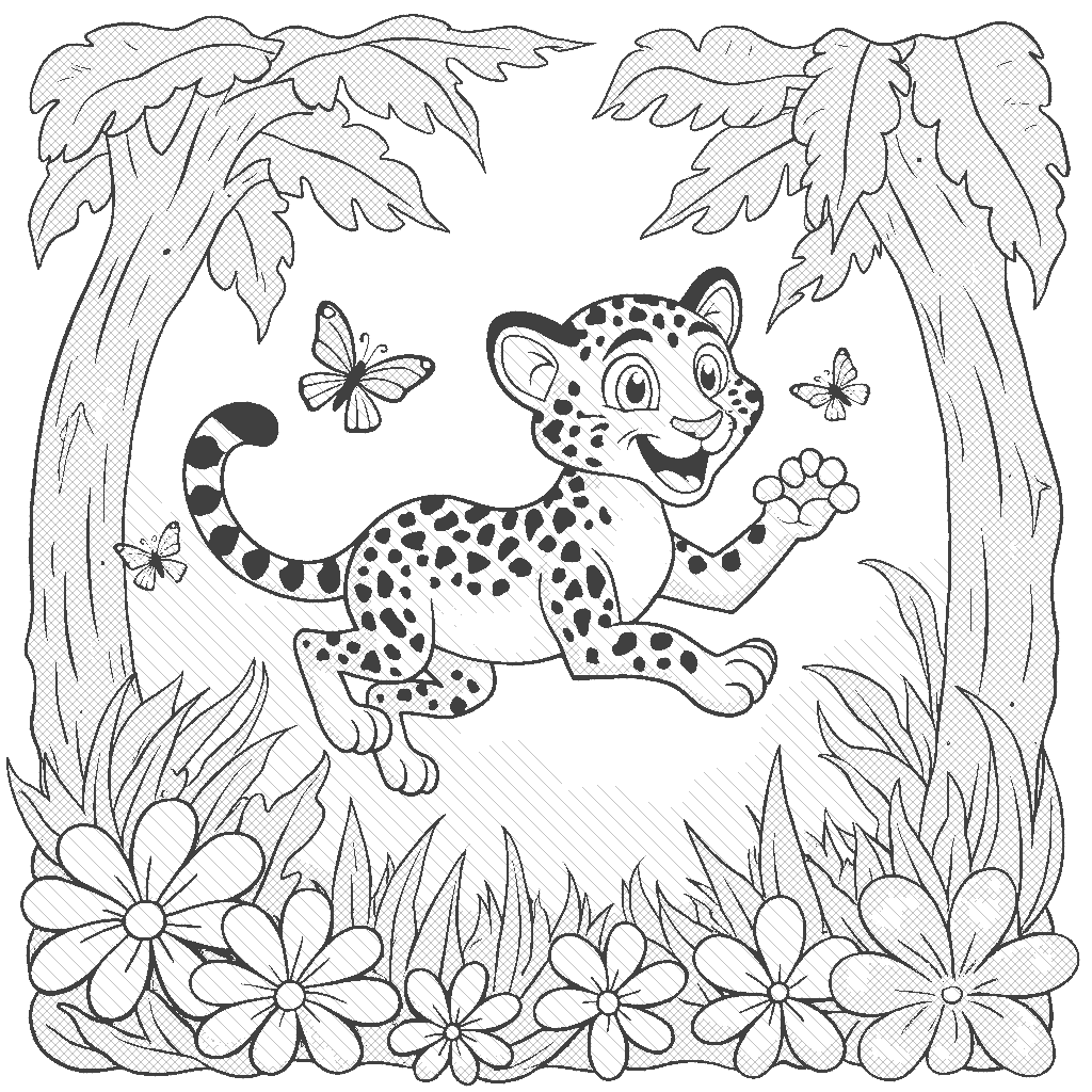 Coloring Page: Leopard in the Jungle - A playful leopard jumping through the vibrant jungle, surrounded by tall trees and colorful flowers. The leopard has a big smile, and butterflies are fluttering around it.