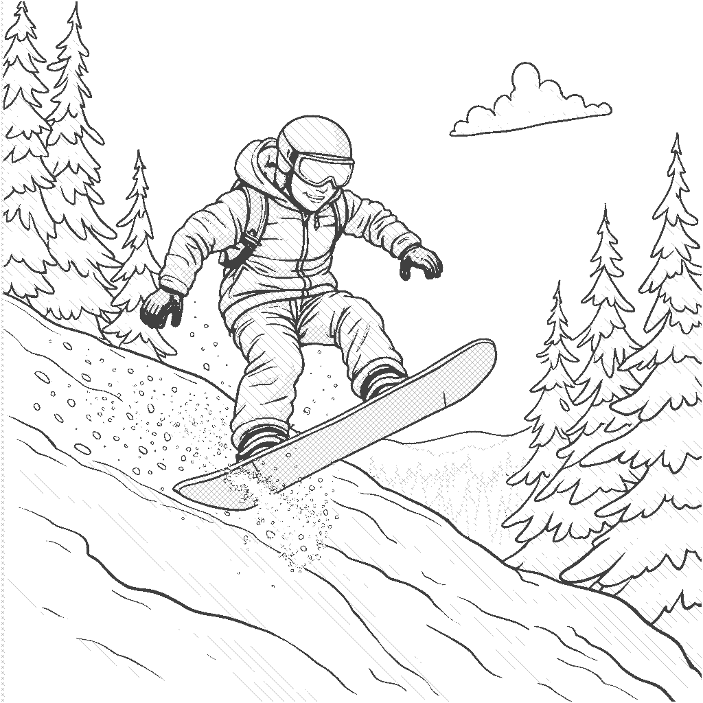 Coloring Page: Snowboarder in the Snow - An adventurous snowboarder doing tricks on a snowy mountain, with trees and other snowboarding friends in the background enjoying the winter day.