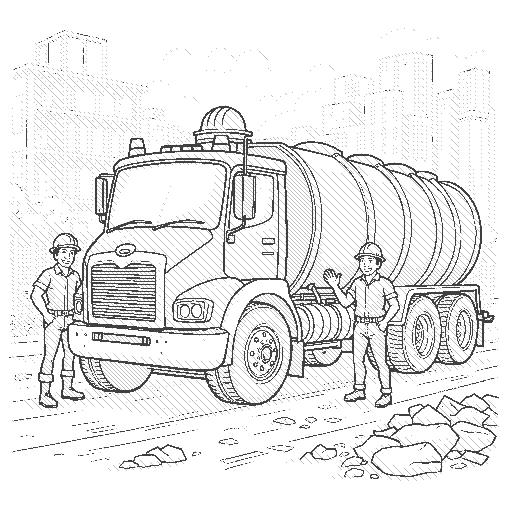 Coloring Page: Tanker Truck's Delivery Day - A big, friendly tanker truck delivering colorful materials to construction workers at a busy building site. The workers are waving and smiling, appreciating the helpful truck.