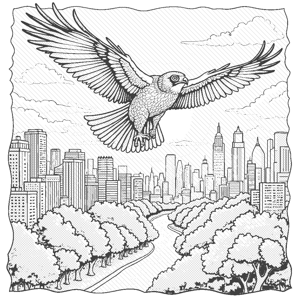 Coloring Page: Falcon Soaring Above the City - A falcon is flying high above a bustling cityscape, with skyscrapers and parks below. The sun sets in the background, casting a warm glow over the scene.