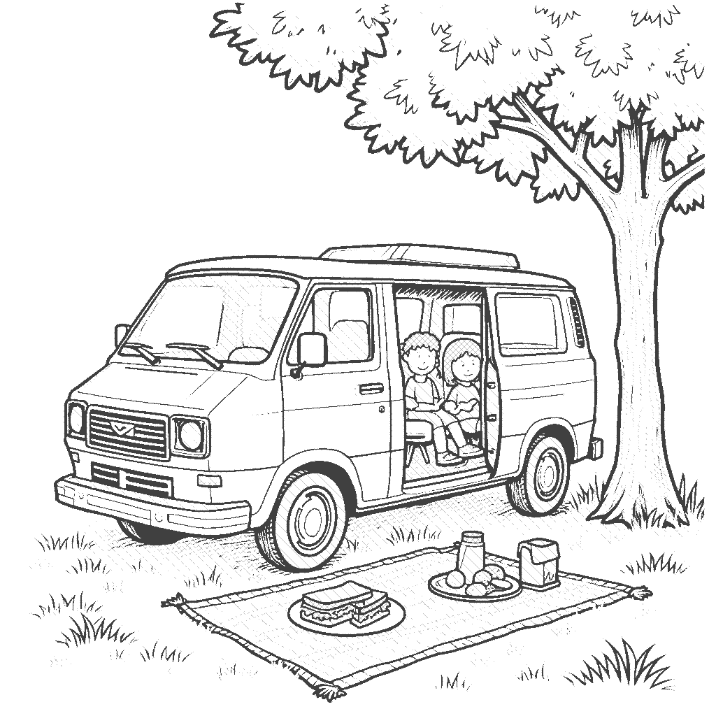 Coloring Page: Minivan at a Family Picnic - A minivan is parked under a tree at a family picnic, with a picnic blanket laid out and sandwiches and juice boxes on it.