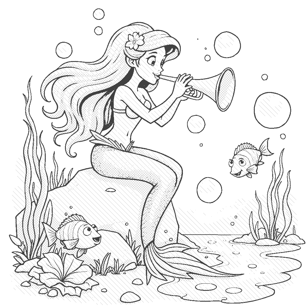 Coloring Page: Mermaid's Melody - A beautiful mermaid sits on a rock, playing a shell trumpet while fish gather around to listen. The scene is set against a backdrop of bubbles and playful waves.