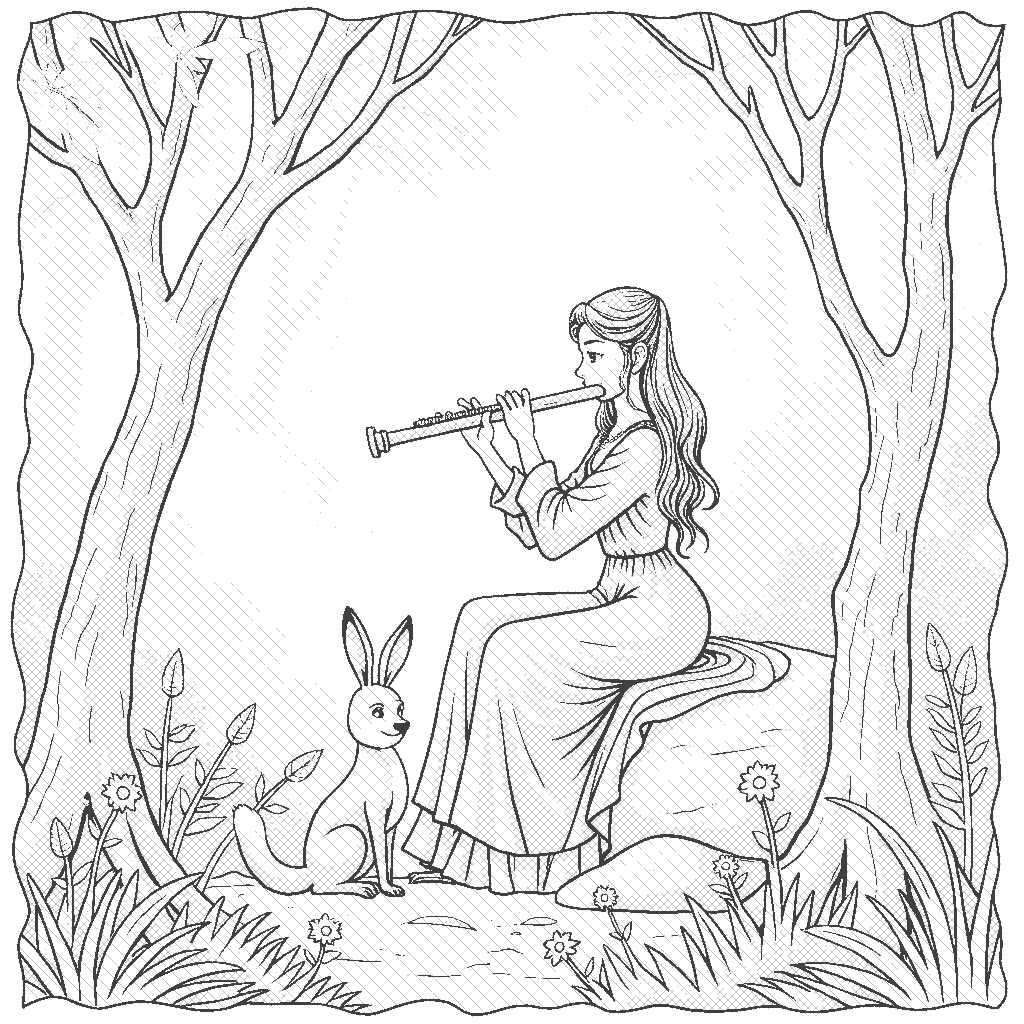 Coloring Page: Flute in the Forest - A serene flutist sitting on a rock in the forest, playing music that seems to attract woodland creatures.