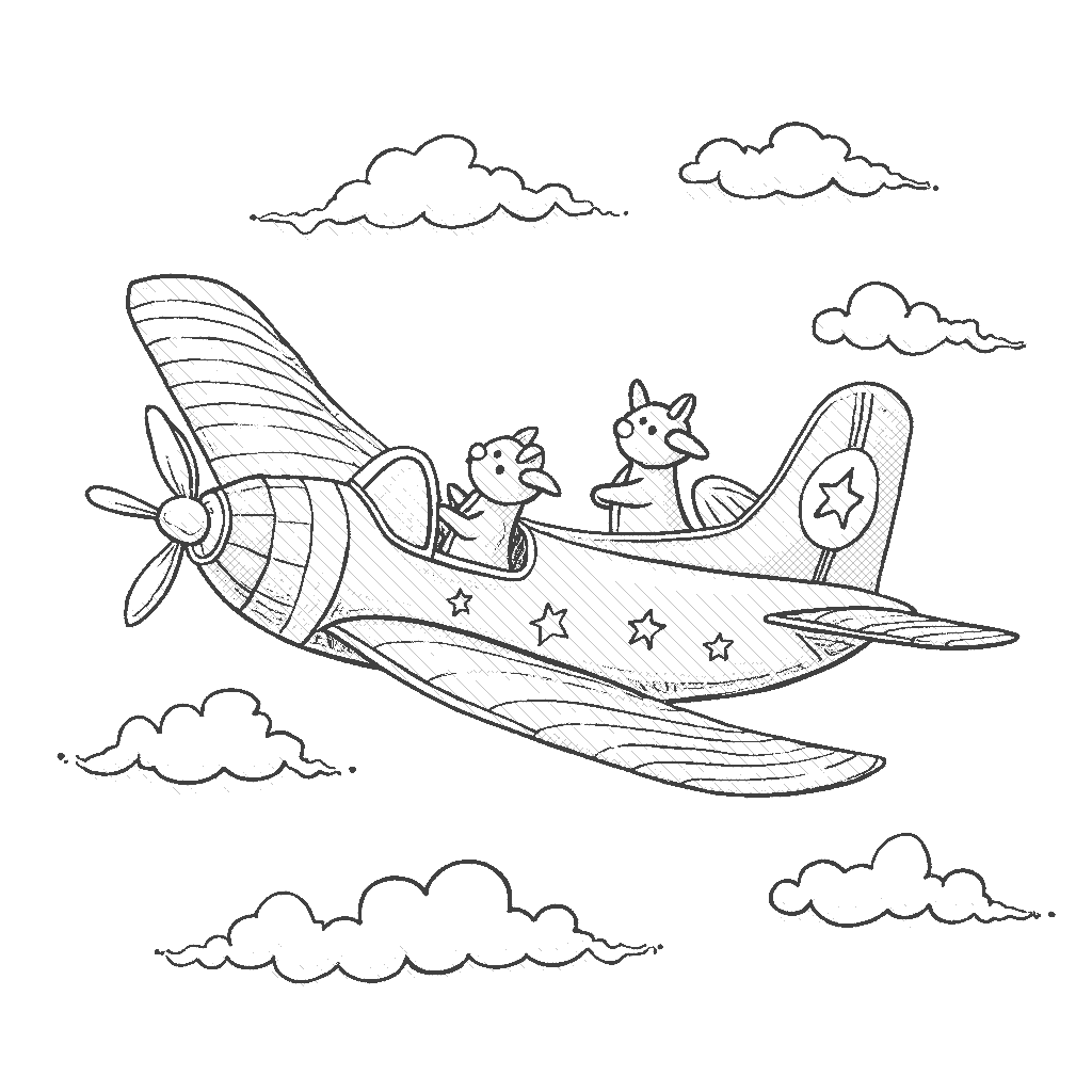 Coloring Page: Rainbow Air - A whimsical airplane with wings painted in rainbow colors, flying through a sky full of vibrant, playful kites and cheerful birds.