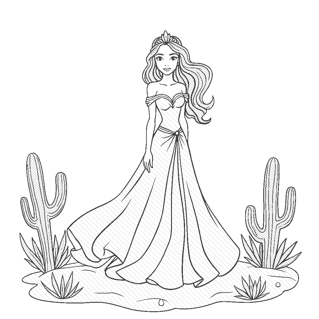 Coloring Page: Desert Princess - A princess in a flowing sandy-colored gown with golden stars, standing atop a sand dune with the sun setting in the background, casting hues of orange and pink.