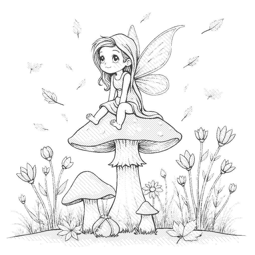 Coloring Page: Fairy in Fall - A tiny fairy sitting on a mushroom, surrounded by an array of colorful autumn flora, with delicate wings shimmering in the sunlight.