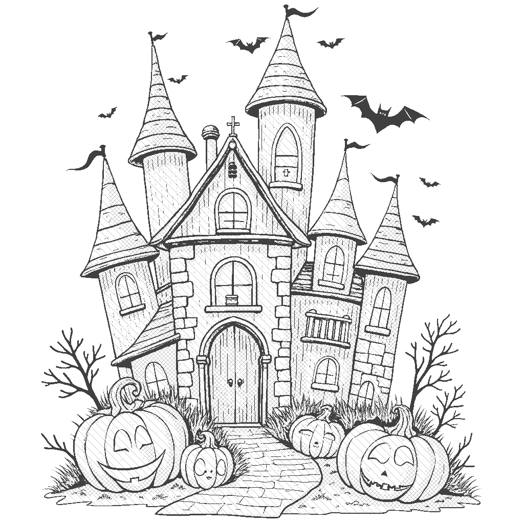 Coloring Page: Pumpkin Castle - A whimsical castle made entirely of jack-o'-lanterns, with glowing windows and twisted vines. Surrounding the castle are trees with orange and purple leaves, and a bright full moon illuminating the sky.