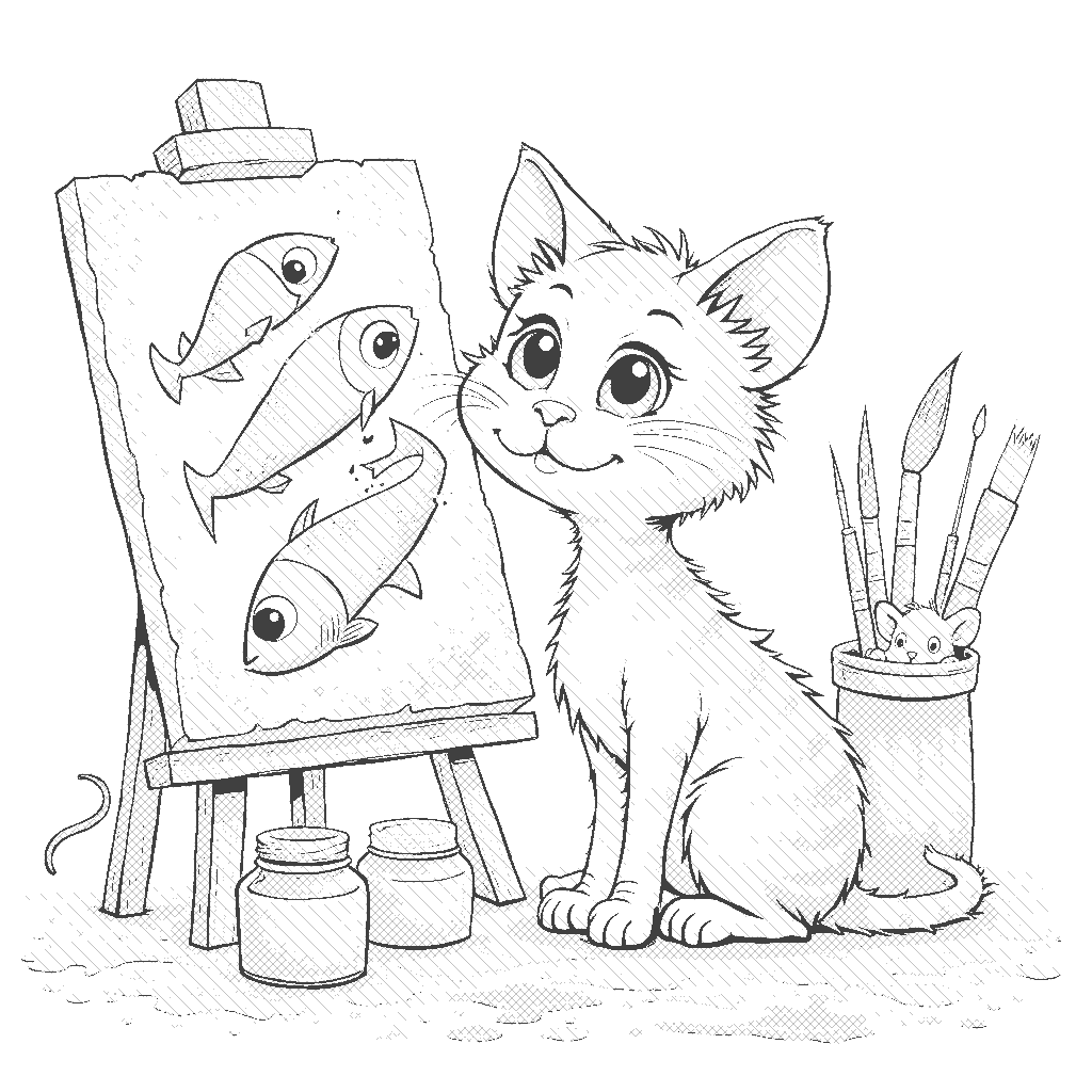 Coloring Page: Cat's Art Studio - A curious cat is surrounded by colorful paint splatters, with a canvas showing a whimsical painting of fish. Brushes and jars of paint are scattered around, while a mouse peeks from behind a paint tube.