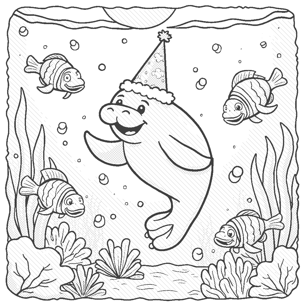 Coloring Page: The Manatee's Underwater Party - A cheerful manatee surrounded by colorful fish and coral reefs, wearing a party hat and enjoying a bubble-blowing contest with sea turtles. Rays of sunlight filter through the water above.