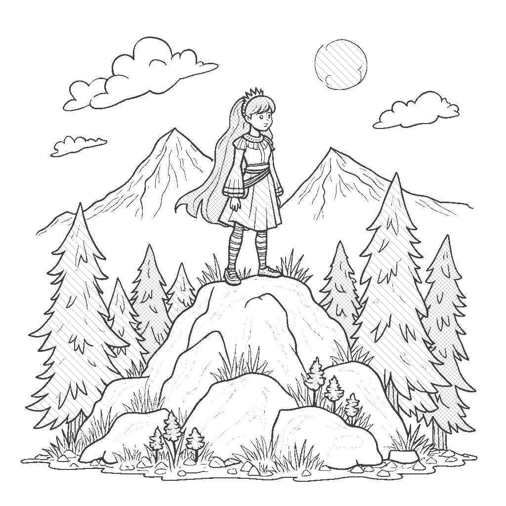 Coloring Page: Mountain Princess - A brave princess standing on a rocky peak, looking out over a breathtaking valley filled with colorful wildflowers and a sparkling river.