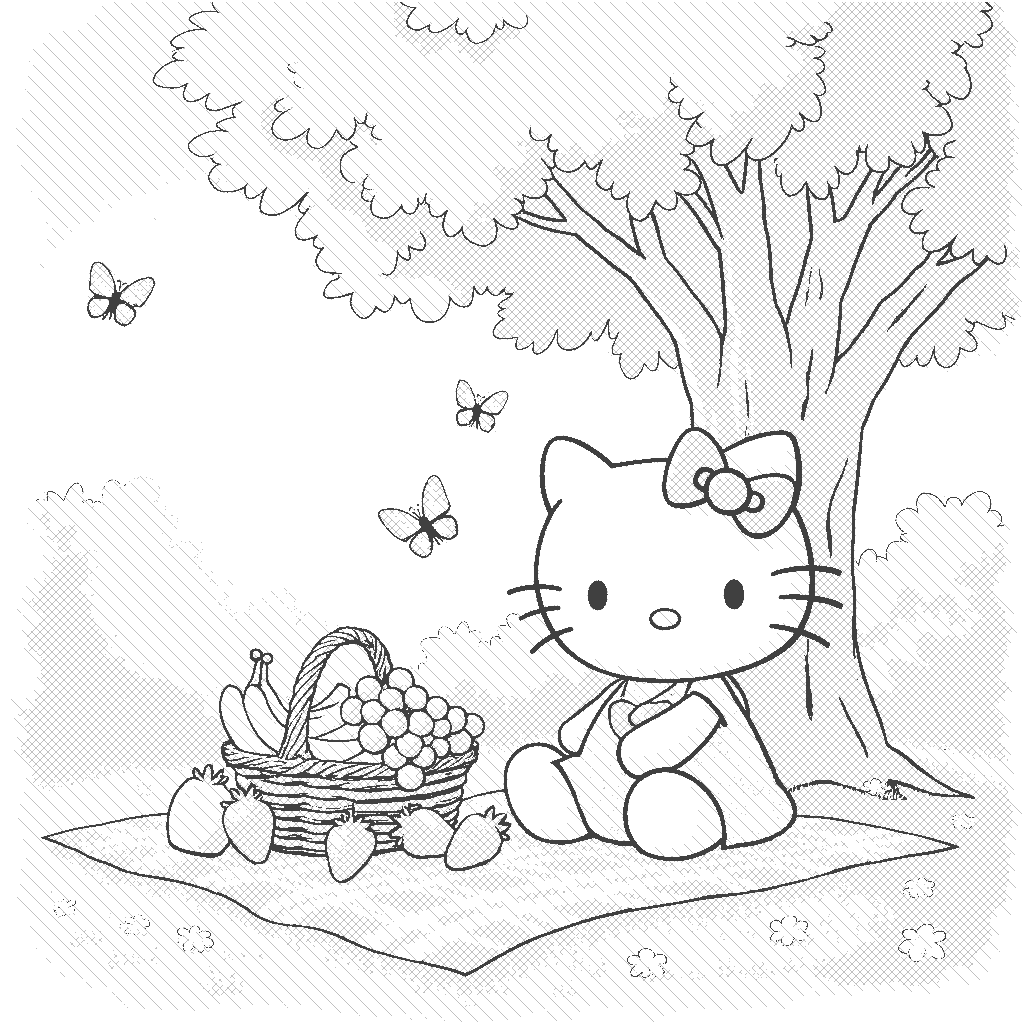 Coloring Page: Hello Kitty's Picnic in the Park - Hello Kitty is having a delightful picnic under a large, leafy green tree in a park. The grass is a bright emerald green, and the sun is shining warmly, creating soft golden rays. A picnic blanket with red and white checkered pattern is laid out with a basket full of assorted fruits in bright colors: juicy red strawberries, sunny yellow bananas, and deep purple grapes. Hello Kitty is wearing a cute pastel dress with floral patterns, and butterflies with varying colors are fluttering around her, enhancing the joyful summer atmosphere.