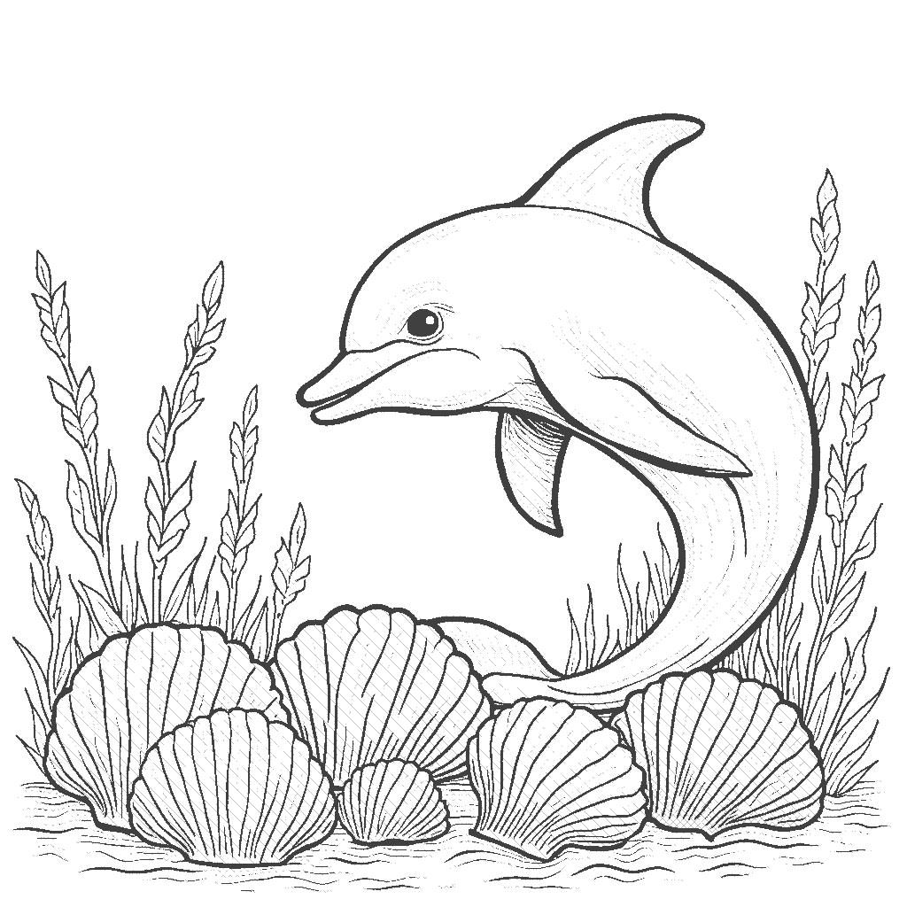 Coloring Page: Dolphin Gazing at the Shells - A dolphin curiously gazing at beautifully patterned seashells scattered across the sandy ocean floor, with rays of sunlight illuminating them.